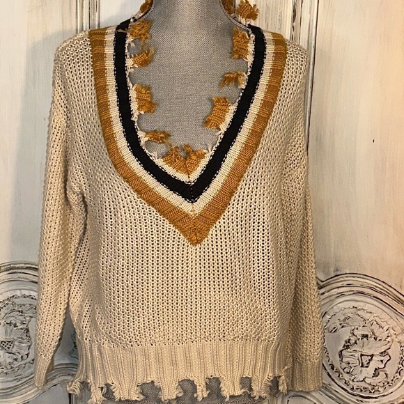 Elan Sweaters - Elan Deep V Neck Distressed Preppy Open Knit Gold Black Cream Pullover Sweater